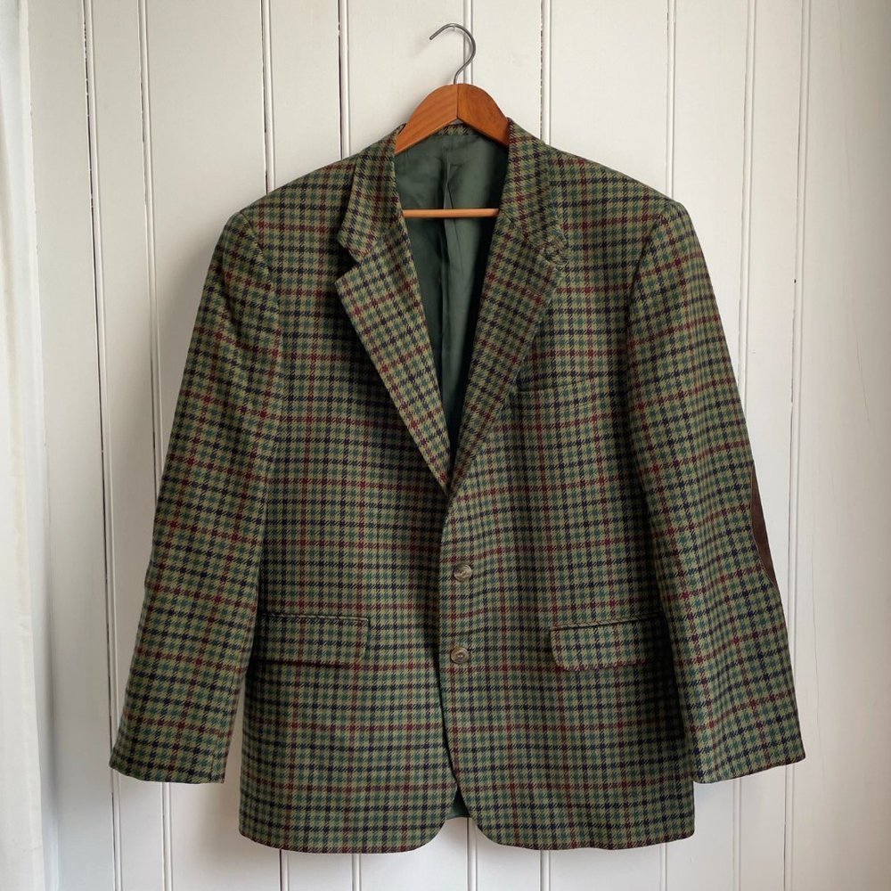 Vintage Old River Houndstooth Pattern Wool Blazer Leather Elbow Patches Size 42